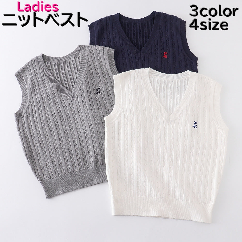 ニットベスト JK風 レディース 女性 トップス ジレ 袖なし プルオーバー ワンポイント 刺繍 コスプレ衣装 女子高生 学生服 Vネック おしゃれ