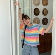 Tシャツ 半袖 レディース カットソー トップス ラウンドネック ショート丈 丈短め ボーダー カジュアル おしゃれ かわいい