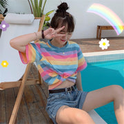 Tシャツ 半袖 レディース カットソー トップス ラウンドネック ショート丈 丈短め ボーダー カジュアル おしゃれ かわいい