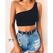 タンクトップ ハーフトップ レディース トップス ワンショルダー ノースリーブ ミニ丈 へそ出し シンプル 無地 セクシー ビーチ バカンス 夏 大きいサイズ