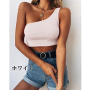 タンクトップ ハーフトップ レディース トップス ワンショルダー ノースリーブ ミニ丈 へそ出し シンプル 無地 セクシー ビーチ バカンス 夏 大きいサイズ