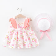 ワンピース 帽子 2点セット キッズ 子供服 ベビー 赤ちゃん 女の子 ノースリーブ 麦わら帽子 ドット 水玉 切り替え かわいい おしゃれ お出かけ 73 80 90 100cm