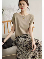カットソー 半袖 レディース トップス フレンチスリーブ ラウンドネック サマーニット Tシャツ 上品 シンプル 薄手 夏 二の腕カバー