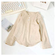カットソー 長袖 ロングTシャツ ロンT キッズ ベビー 子供服 女の子 男の子 ヘンリーネック風 丸首 裾ラウンド リブ 無地