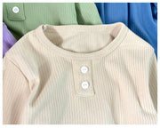 カットソー 長袖 ロングTシャツ ロンT キッズ ベビー 子供服 女の子 男の子 ヘンリーネック風 丸首 裾ラウンド リブ 無地