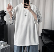 カットソー 7分袖 Tシャツ メンズ用 男性用 紳士用 クルーネック プルオーバー チェック シンプル おしゃれ オシャレ 大きいサイズ ホワイト ブラック