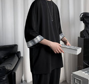 カットソー 7分袖 Tシャツ メンズ用 男性用 紳士用 クルーネック プルオーバー チェック シンプル おしゃれ オシャレ 大きいサイズ ホワイト ブラック