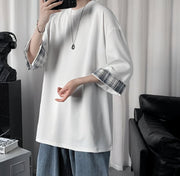 カットソー 7分袖 Tシャツ メンズ用 男性用 紳士用 クルーネック プルオーバー チェック シンプル おしゃれ オシャレ 大きいサイズ ホワイト ブラック