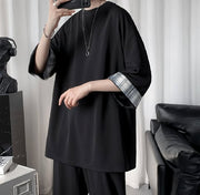 カットソー 7分袖 Tシャツ メンズ用 男性用 紳士用 クルーネック プルオーバー チェック シンプル おしゃれ オシャレ 大きいサイズ ホワイト ブラック