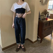 カットソー スーパークロップドトップス ボレロトップ レディース 女性 半袖 丸首 ラウンドネック プルオーバー ショート丈 マイクロミニ丈 重ね着用 無地 ブラック ホワイト シンプル かわいい キュート クール かっこいい おしゃれ 春 夏 秋