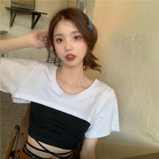 カットソー スーパークロップドトップス ボレロトップ レディース 女性 半袖 丸首 ラウンドネック プルオーバー ショート丈 マイクロミニ丈 重ね着用 無地 ブラック ホワイト シンプル かわいい キュート クール かっこいい おしゃれ 春 夏 秋