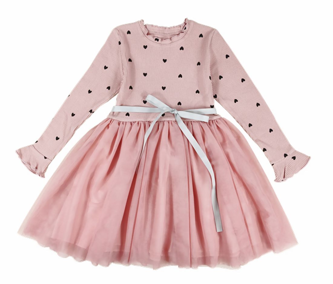 ドッキングワンピース チュールスカート 長袖 ひざ丈 メロウフリル キッズ ジュニア 子供服 女の子 ハート柄 膝丈 クルーネック かわいい フェミニン こども服 子ども服