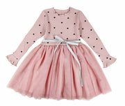 ドッキングワンピース チュールスカート 長袖 ひざ丈 メロウフリル キッズ ジュニア 子供服 女の子 ハート柄 膝丈 クルーネック かわいい フェミニン こども服 子ども服