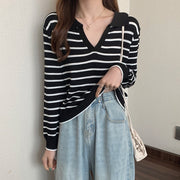 ニット 長袖 スキッパー ボーダー トップス レディース 女性 婦人 プルオーバー 薄手 Vネック おしゃれ かわいい カジュアル