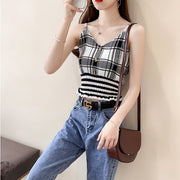 カットソー キャミソール レディース 女性 トップス ノースリーブ Vネック シャーリングウエスト ショート丈 ミニ丈 総柄 チェック レッド ホワイト ベージュ カジュアル かわいい キュート 春 夏