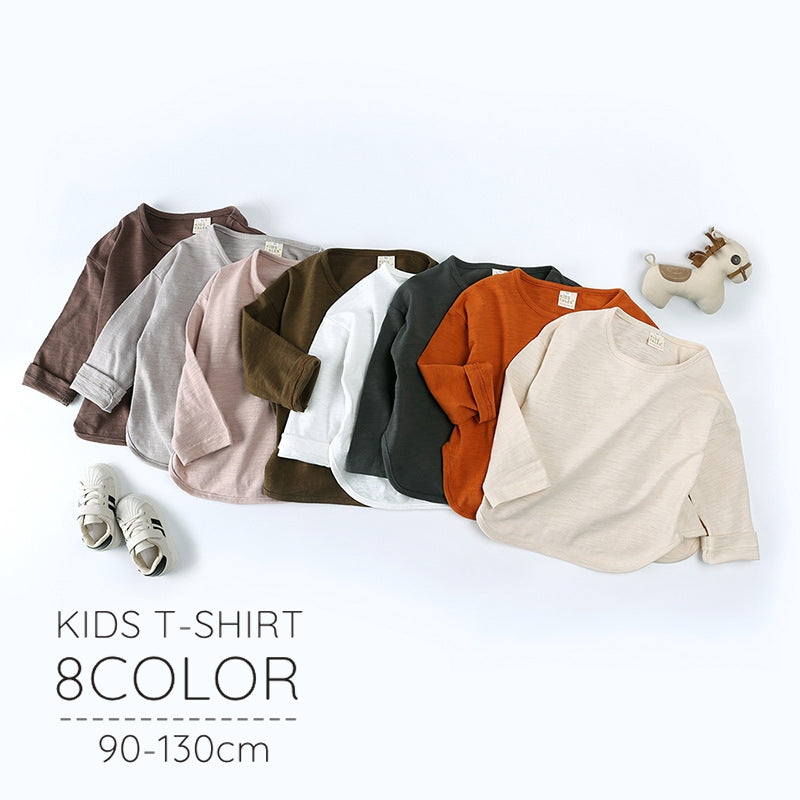 Tシャツ 長袖 子供服 キッズ ベビー 赤ちゃん カットソー 無地 単色 シンプル ラウンドネック ラウンドヘム トップス カジュアル 定番