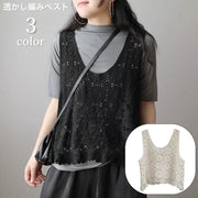 ベスト プルオーバー 透かし編み Uネック レディース 女性 ノースリーブ 袖なし ゆるシルエット 重ね着 レイヤード カジュアル シンプル フェミニン ナチュラル ホワイト ブラック ベージュ 婦人服