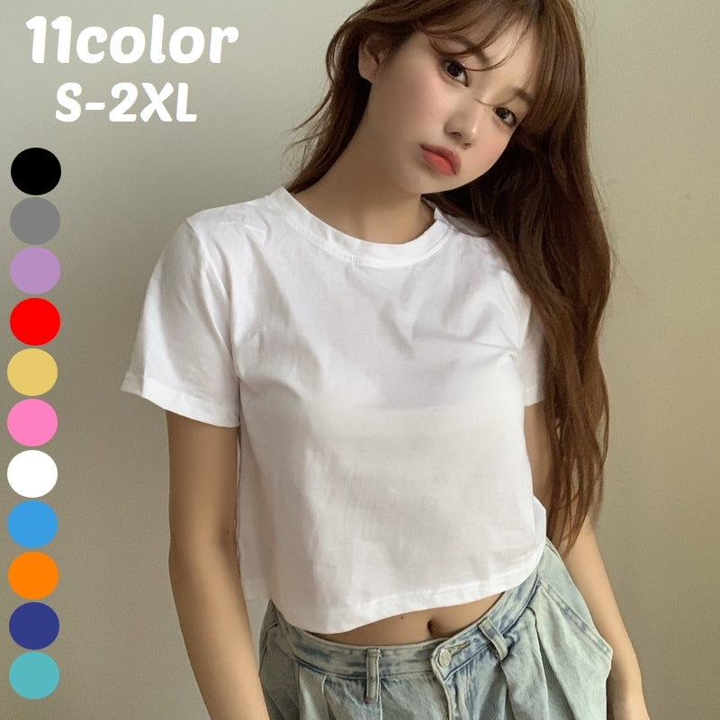 Tシャツ カットソー レディース トップス 半袖 ショート丈 クロップド ラウンドネック クルーネック 丸首 無地 シンプル カジュアル 大きいサイズ デイリー 普段使い 着回し かわいい おしゃれ お出かけ 女性 ブラック グレー パープル レッド イエロー ピンク ホワイト ブルー オレンジ ネイビー グリーン