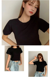 Tシャツ カットソー レディース トップス 半袖 ショート丈 クロップド ラウンドネック クルーネック 丸首 無地 シンプル カジュアル 大きいサイズ デイリー 普段使い 着回し かわいい おしゃれ お出かけ 女性 ブラック グレー パープル レッド イエロー ピンク ホワイト ブルー オレンジ ネイビー グリーン