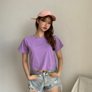 Tシャツ カットソー レディース トップス 半袖 ショート丈 クロップド ラウンドネック クルーネック 丸首 無地 シンプル カジュアル 大きいサイズ デイリー 普段使い 着回し かわいい おしゃれ お出かけ 女性 ブラック グレー パープル レッド イエロー ピンク ホワイト ブルー オレンジ ネイビー グリーン