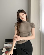 カットソー Tシャツ レディース トップス 半袖 ハイネック ハイネックカットソー ハイネックTシャツ 無地 シンプル カジュアル