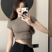 カットソー Tシャツ レディース トップス 半袖 ハイネック ハイネックカットソー ハイネックTシャツ 無地 シンプル カジュアル
