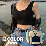 タンクトップ レディース トップス インナー ショート丈 ラウンドネック キャミソール シンプル 無地 バックコンシャス Y へそ出し ハイウエスト カラバリ豊富 おしゃれ かわいい 女性