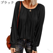 長袖カットソー ロングTシャツ レディース 女性 大きいサイズあり トップス ラウンドネック 長袖 ギャザー 無地 単色 シンプル お洒落 お出かけ 普段使い 着回し力 合わせやすい カラバリ豊富 婦人服