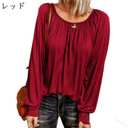 長袖カットソー ロングTシャツ レディース 女性 大きいサイズあり トップス ラウンドネック 長袖 ギャザー 無地 単色 シンプル お洒落 お出かけ 普段使い 着回し力 合わせやすい カラバリ豊富 婦人服