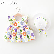 ワンピース 麦わら帽子 2点セット ベビー キッズ 子供用 女の子 ノースリーブ 袖なし 肩フリル スクエアネック バックボタン フラワー 花柄 総柄 ギャザー Aライン フレア リボン 帽子 ぼうし お洒落 かわいい お出かけ 普段使い 女児 子供服