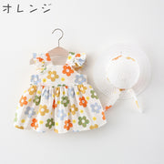 ワンピース 麦わら帽子 2点セット ベビー キッズ 子供用 女の子 ノースリーブ 袖なし 肩フリル スクエアネック バックボタン フラワー 花柄 総柄 ギャザー Aライン フレア リボン 帽子 ぼうし お洒落 かわいい お出かけ 普段使い 女児 子供服