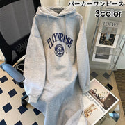 パーカーワンピース レディース 女性 長袖 ロング丈 プルオーバー フード付き フード紐 スリット フロントプリント ロゴ シンプル かわいい