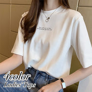 Tシャツ 半袖 レディース トップス 単品 英字 ロゴ ラウンドネック 定番 着回し シンプル 可愛い カジュアル おしゃれ お出かけ 通学 部屋着 女の子 女性用 婦人服 黒 白 オレンジ 緑