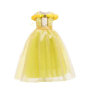 ドレス ワンピース オフショルダー チュールスカート 膝下丈 ロング丈 リボン フリル 子供服 キッズ 女の子 かわいい キュート パーティー コスプレ お姫様 フレアスカート ふんわり リボン 半袖 プルオーバー