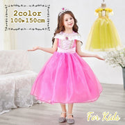 ドレス ワンピース オフショルダー チュールスカート 膝下丈 ロング丈 リボン フリル 子供服 キッズ 女の子 かわいい キュート パーティー コスプレ お姫様 フレアスカート ふんわり リボン 半袖 プルオーバー