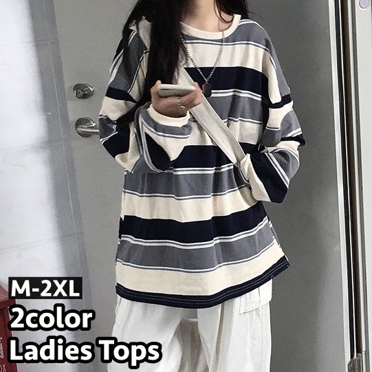 カットソー チュニック ロングTシャツ 長袖 レディース 女性 ラウドネック 大きいサイズ オーバーサイズ ゆったり ボーダー柄 縞々 カジュアル お洒落 婦人服