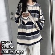 カットソー チュニック ロングTシャツ 長袖 レディース 女性 ラウドネック 大きいサイズ オーバーサイズ ゆったり ボーダー柄 縞々 カジュアル お洒落 婦人服