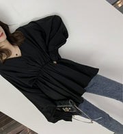 ブラウス ペプラムブラウス トップス 大きいサイズ カシュクール 長袖 Vネック 袖口フリル レディース 女性 おしゃれ シンプル 裾フレア 体型カバー 足長効果 ボリューム袖 ハイウエスト プルオーバー 単色 婦人用