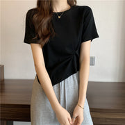 カットソー 半袖 Tシャツ レディース 女性 トップス ラウンドネック 無地 単色 シンプル サイド絞り 着回し 婦人服