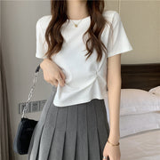カットソー 半袖 Tシャツ レディース 女性 トップス ラウンドネック 無地 単色 シンプル サイド絞り 着回し 婦人服