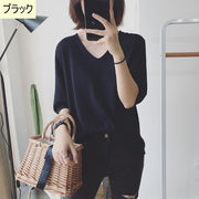 ニット ニットソー 5分袖 セーター カットソー レディース 女性 婦人 トップス Ｖネック 無地 単色 シンプル カジュアル かわいい おしゃれ お出かけ 春服 夏服 春 夏 秋 秋服 仕事 カジュアル 大人 ホワイト 白 ブラック 黒 薄手