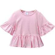 カットソー Tシャツ ５分袖 キッズ ベビー 子供用 女の子 トップス ラウンドネック フレアスリーブ ベルスリーブ フレア裾 無地 シンプル ソリッドカラー お洒落 可愛い 普段使い お出かけ 子供服 女児 ガールズ