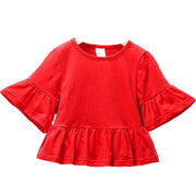 カットソー Tシャツ ５分袖 キッズ ベビー 子供用 女の子 トップス ラウンドネック フレアスリーブ ベルスリーブ フレア裾 無地 シンプル ソリッドカラー お洒落 可愛い 普段使い お出かけ 子供服 女児 ガールズ