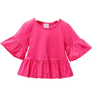 カットソー Tシャツ ５分袖 キッズ ベビー 子供用 女の子 トップス ラウンドネック フレアスリーブ ベルスリーブ フレア裾 無地 シンプル ソリッドカラー お洒落 可愛い 普段使い お出かけ 子供服 女児 ガールズ