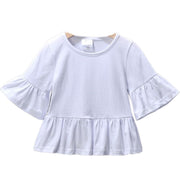 カットソー Tシャツ ５分袖 キッズ ベビー 子供用 女の子 トップス ラウンドネック フレアスリーブ ベルスリーブ フレア裾 無地 シンプル ソリッドカラー お洒落 可愛い 普段使い お出かけ 子供服 女児 ガールズ