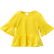 カットソー Tシャツ ５分袖 キッズ ベビー 子供用 女の子 トップス ラウンドネック フレアスリーブ ベルスリーブ フレア裾 無地 シンプル ソリッドカラー お洒落 可愛い 普段使い お出かけ 子供服 女児 ガールズ