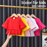 カットソー Tシャツ ５分袖 キッズ ベビー 子供用 女の子 トップス ラウンドネック フレアスリーブ ベルスリーブ フレア裾 無地 シンプル ソリッドカラー お洒落 可愛い 普段使い お出かけ 子供服 女児 ガールズ