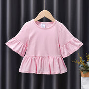 カットソー Tシャツ ５分袖 キッズ ベビー 子供用 女の子 トップス ラウンドネック フレアスリーブ ベルスリーブ フレア裾 無地 シンプル ソリッドカラー お洒落 可愛い 普段使い お出かけ 子供服 女児 ガールズ