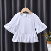 カットソー Tシャツ ５分袖 キッズ ベビー 子供用 女の子 トップス ラウンドネック フレアスリーブ ベルスリーブ フレア裾 無地 シンプル ソリッドカラー お洒落 可愛い 普段使い お出かけ 子供服 女児 ガールズ