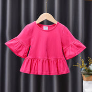 カットソー Tシャツ ５分袖 キッズ ベビー 子供用 女の子 トップス ラウンドネック フレアスリーブ ベルスリーブ フレア裾 無地 シンプル ソリッドカラー お洒落 可愛い 普段使い お出かけ 子供服 女児 ガールズ